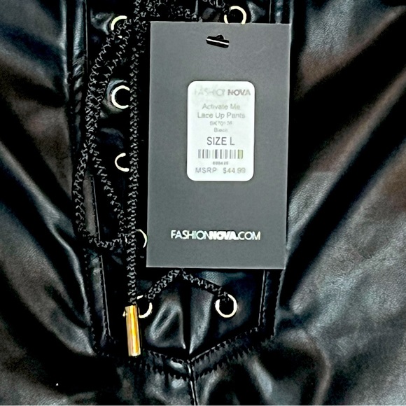 Black Pleather Lace Up Pants w/White Varsity Stripes - Picture 6 of 6